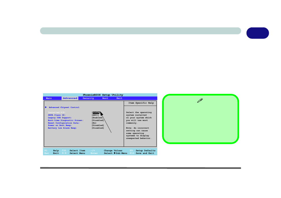 Operating system setup, Operating system setup -5, Is selected as the o/s | Operating system setup 1 - 5 quick start guide, Only available if windows vista, Figure 1 - 2 - advanced bios menu | chiliGREEN W760K User Manual | Page 27 / 230