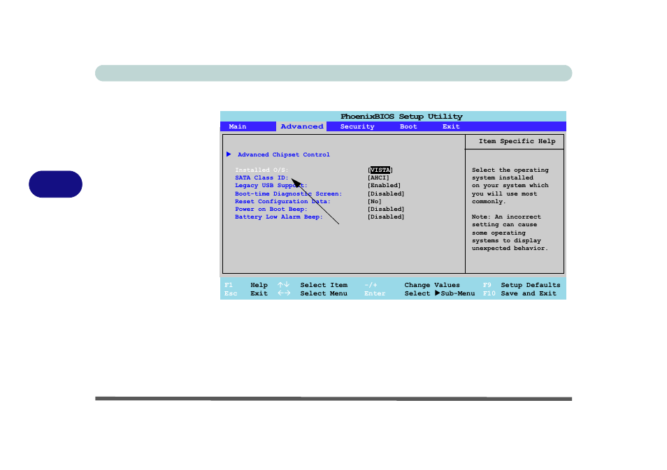Advanced menu, Advanced chipset control (advanced menu), Is selected as the o/s | Bios utilities 5 - 8 advanced menu, Figure 5 - 3, Only available if windows vista | chiliGREEN W760K User Manual | Page 86 / 230