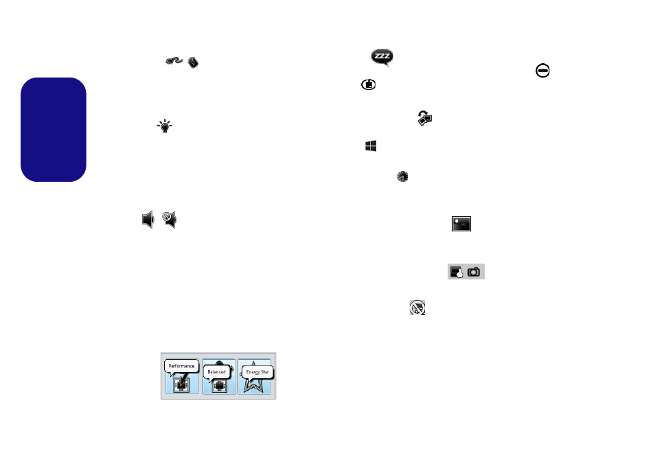 Power status, Brightness, Volume | Power conservation, Sleep, Display switch, Time zone, Desktop background, Touchpad/pc camera | chiliGREEN W550SU2 User Manual | Page 14 / 114