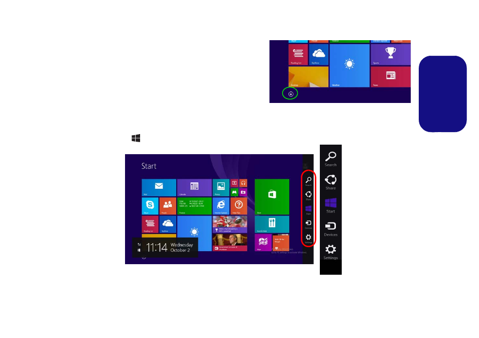 Apps & tiles, Charms bar, Apps & tiles charms bar | chiliGREEN W550SU2 User Manual | Page 19 / 114