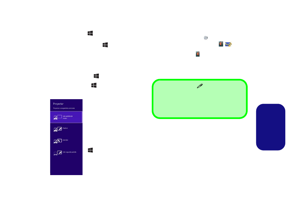 Características de audio, Es pa ñol, Usar la combinación de teclas del logotipo windows | P para cambiar entre pantallas | chiliGREEN W550SU2 User Manual | Page 87 / 114