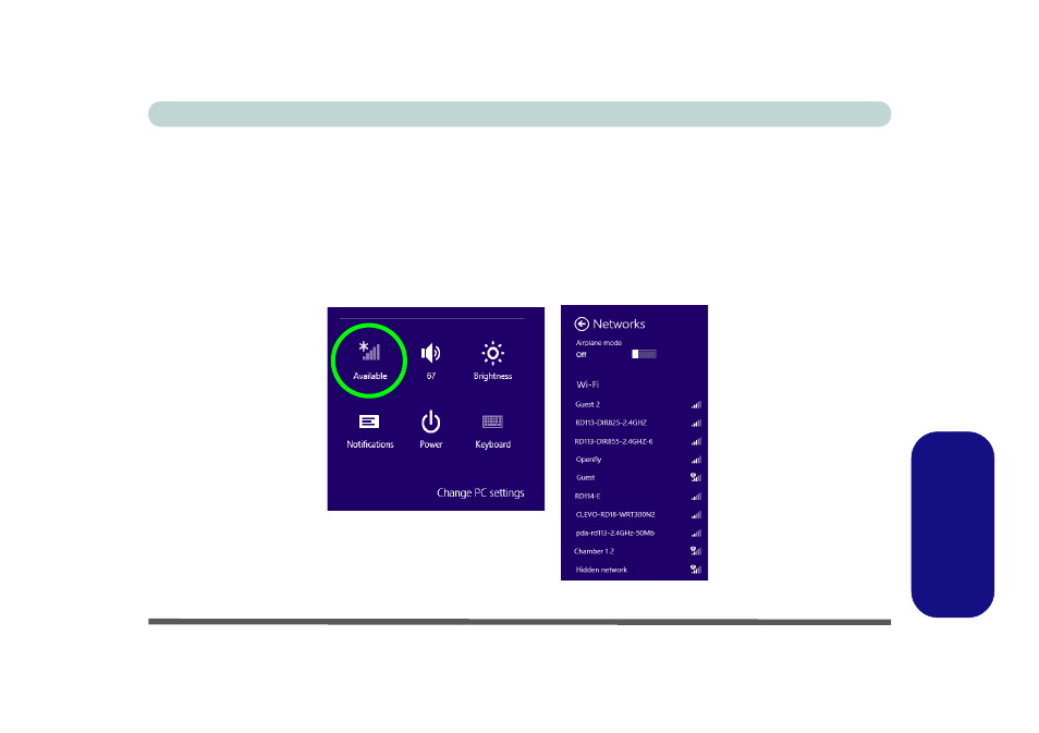 Wlan configuration in windows 8, Charms bar, Windows 8 wlan configuration in windows 8 | chiliGREEN W25BBZ W7 User Manual | Page 297 / 312