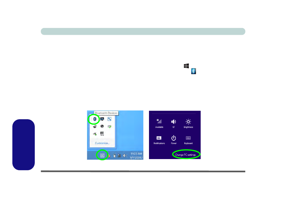 Bluetooth configuration in windows 8, Desktop mode, Charms bar | Windows 8 bluetooth configuration in windows 8 | chiliGREEN W25BBZ W7 User Manual | Page 304 / 312