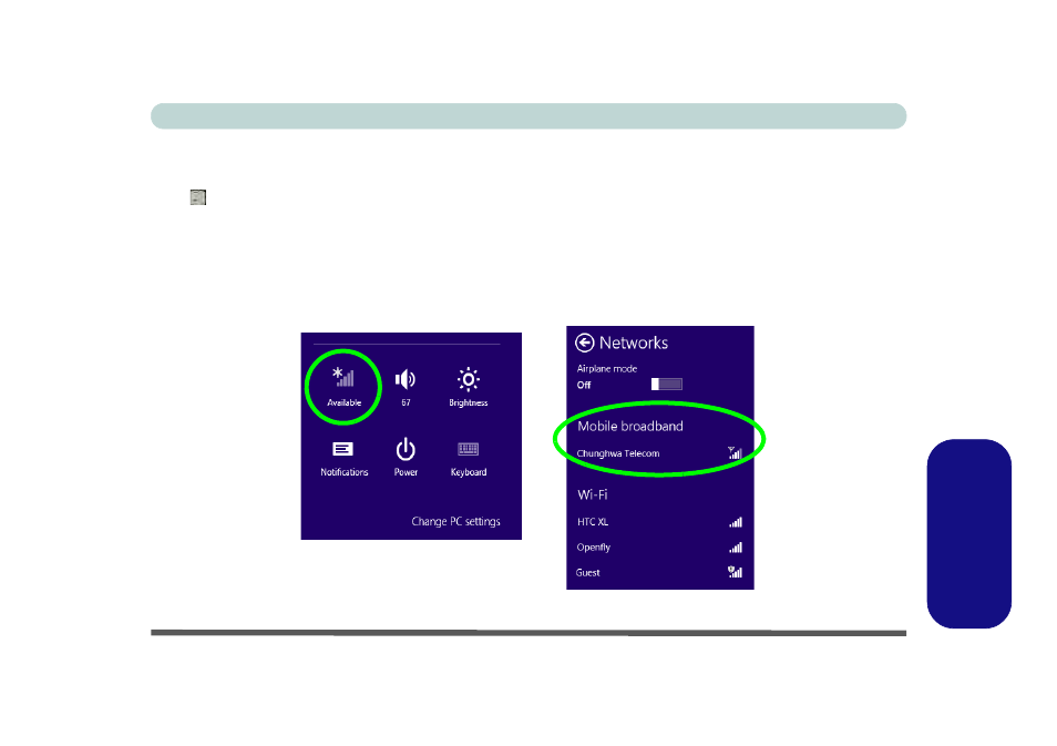 3g configuration in windows 8, Charms bar, Windows 8 3g configuration in windows 8 | chiliGREEN W25BBZ W7 User Manual | Page 309 / 312