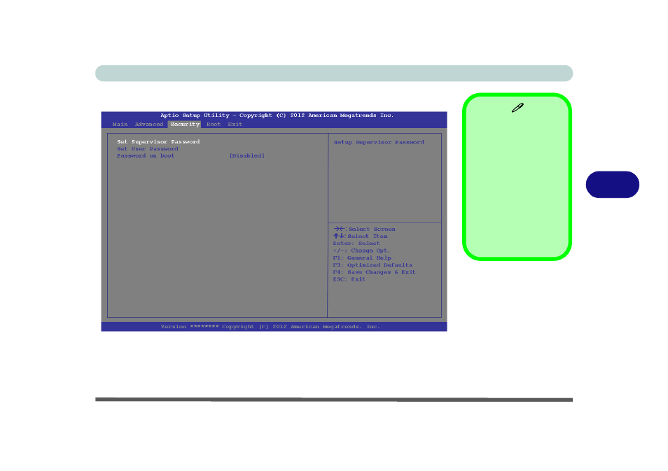 Security menu, Set supervisor password (security menu) | chiliGREEN W251CZQ User Manual | Page 105 / 260