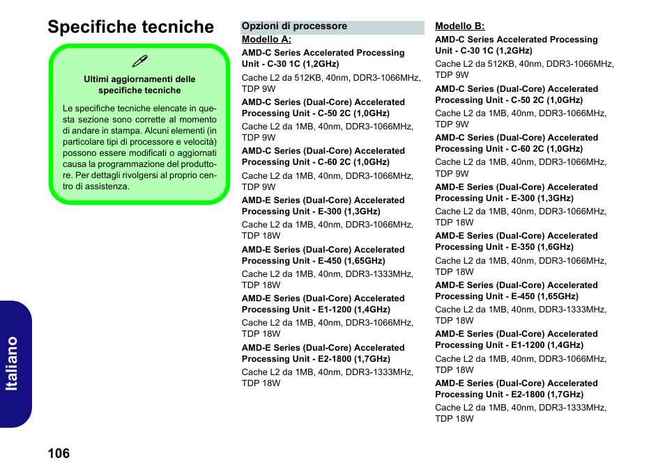 Specifiche tecniche, Italiano | chiliGREEN W251BWQ User Manual | Page 109 / 113