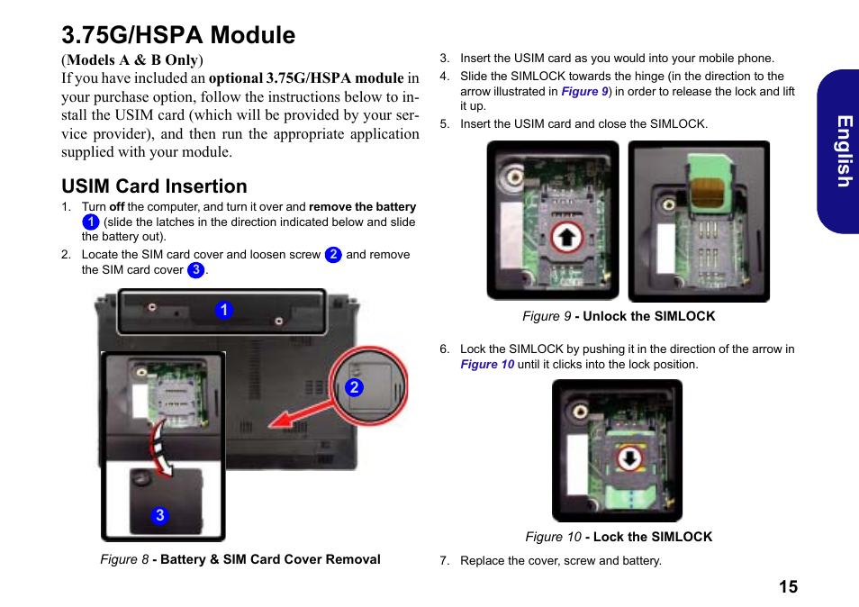 75g/hspa module, Usim card insertion, English | chiliGREEN W251BWQ User Manual | Page 18 / 113