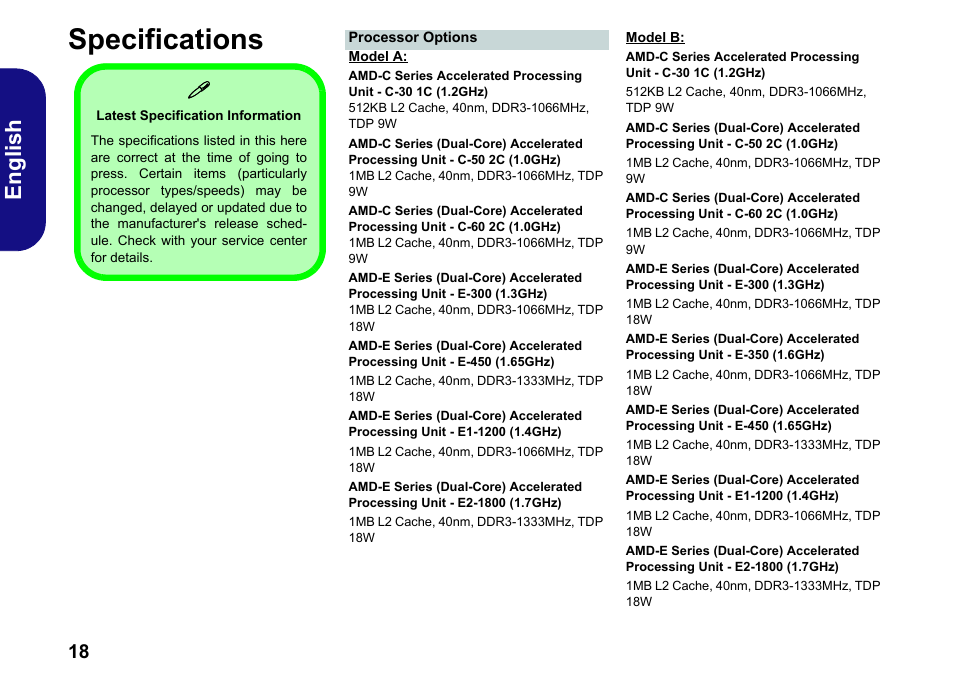 Specifications, English | chiliGREEN W251BWQ User Manual | Page 21 / 113