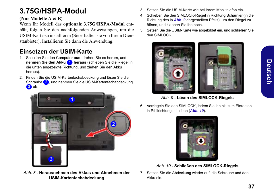 75g/hspa-modul, Einsetzen der usim-karte, De uts ch | chiliGREEN W251BWQ User Manual | Page 40 / 113