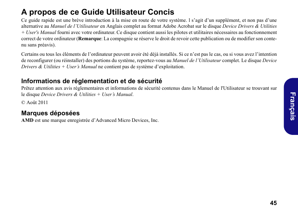 A propos de ce guide utilisateur concis, Informations de réglementation et de sécurité, Marques déposées | Français | chiliGREEN W251BWQ User Manual | Page 48 / 113