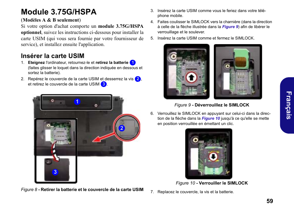 Module 3.75g/hspa, Insérer la carte usim, Français | chiliGREEN W251BWQ User Manual | Page 62 / 113