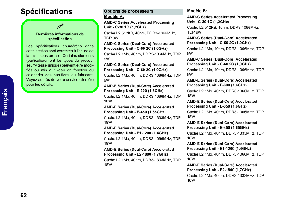 Spécifications, Fr anç ais | chiliGREEN W251BWQ User Manual | Page 65 / 113