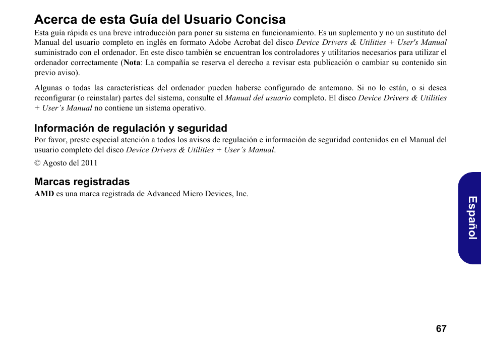 Acerca de esta guía del usuario concisa, Información de regulación y seguridad, Marcas registradas | Español | chiliGREEN W251BWQ User Manual | Page 70 / 113
