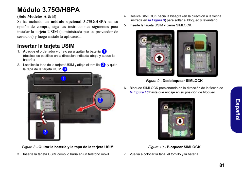 Módulo 3.75g/hspa, Insertar la tarjeta usim, Español | chiliGREEN W251BWQ User Manual | Page 84 / 113