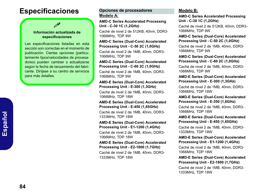 Especificaciones, Español | chiliGREEN W251BWQ User Manual | Page 87 / 113