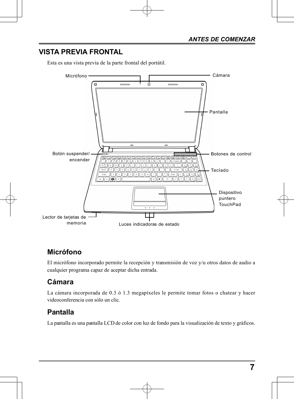 Vista previa frontal, Micrófono, Cámara | Pantalla | chiliGREEN TWJ User Manual | Page 103 / 216