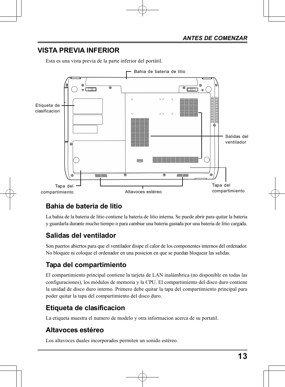 Vista previa inferior, Bahia de bateria de litio, Salidas del ventilador | Tapa del compartimiento, Etiqueta de clasificacion, Altavoces estéreo | chiliGREEN TWJ User Manual | Page 109 / 216