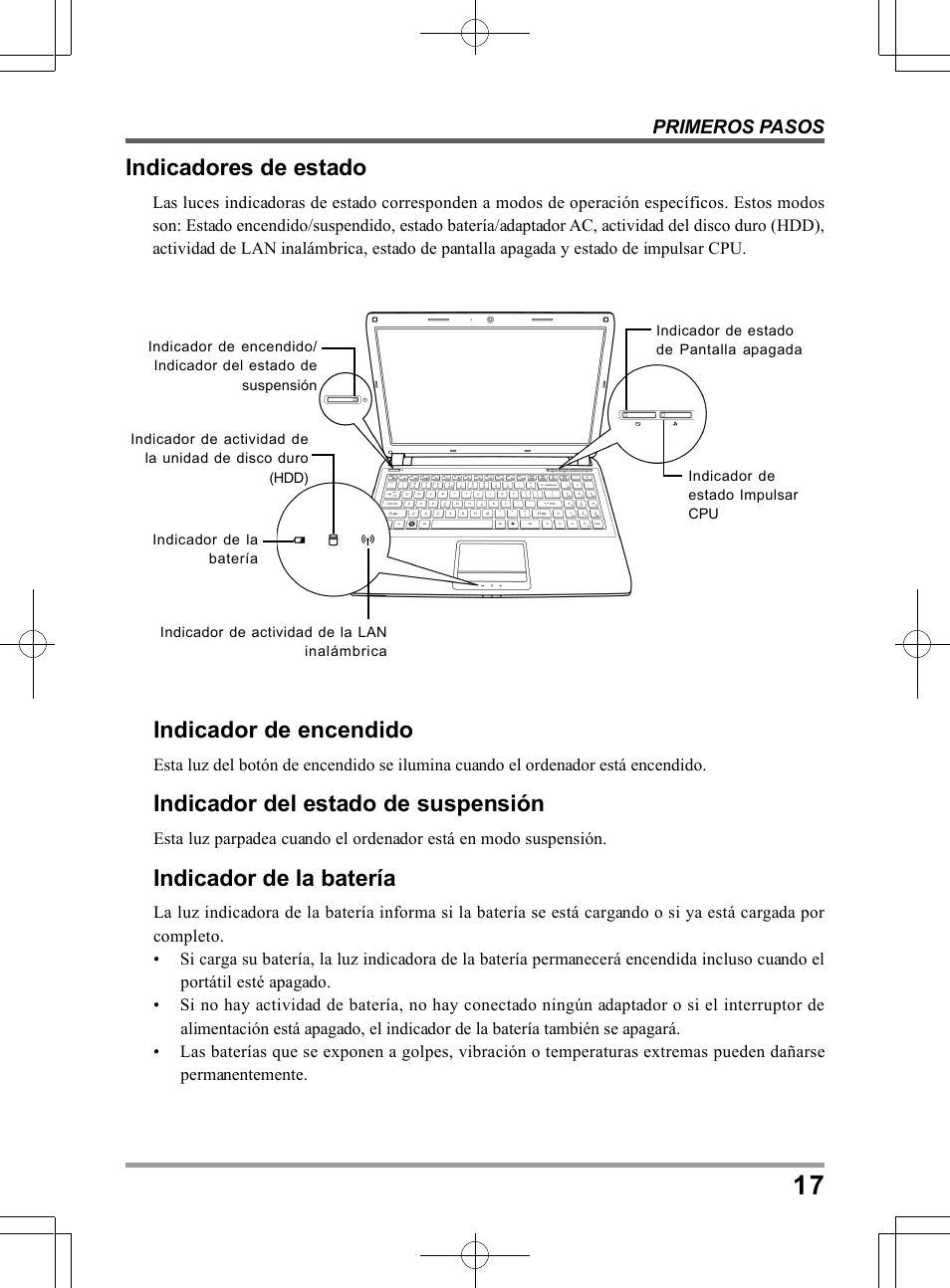 Indicadores de estado, Indicador de encendido, Indicador del estado de suspensión | Indicador de la batería | chiliGREEN TWJ User Manual | Page 113 / 216