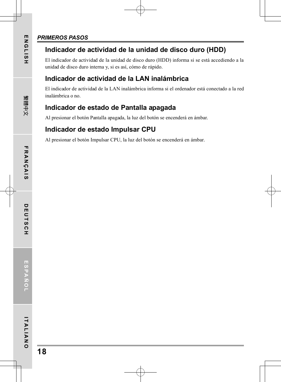 Indicador de actividad de la lan inalámbrica, Indicador de estado de pantalla apagada, Indicador de estado impulsar cpu | chiliGREEN TWJ User Manual | Page 114 / 216