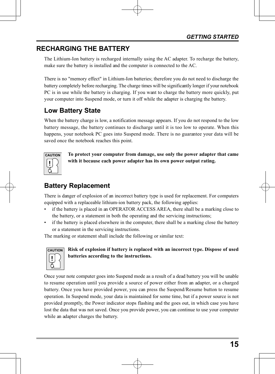 Recharging the battery, Low battery state, Battery replacement | chiliGREEN TWJ User Manual | Page 15 / 216