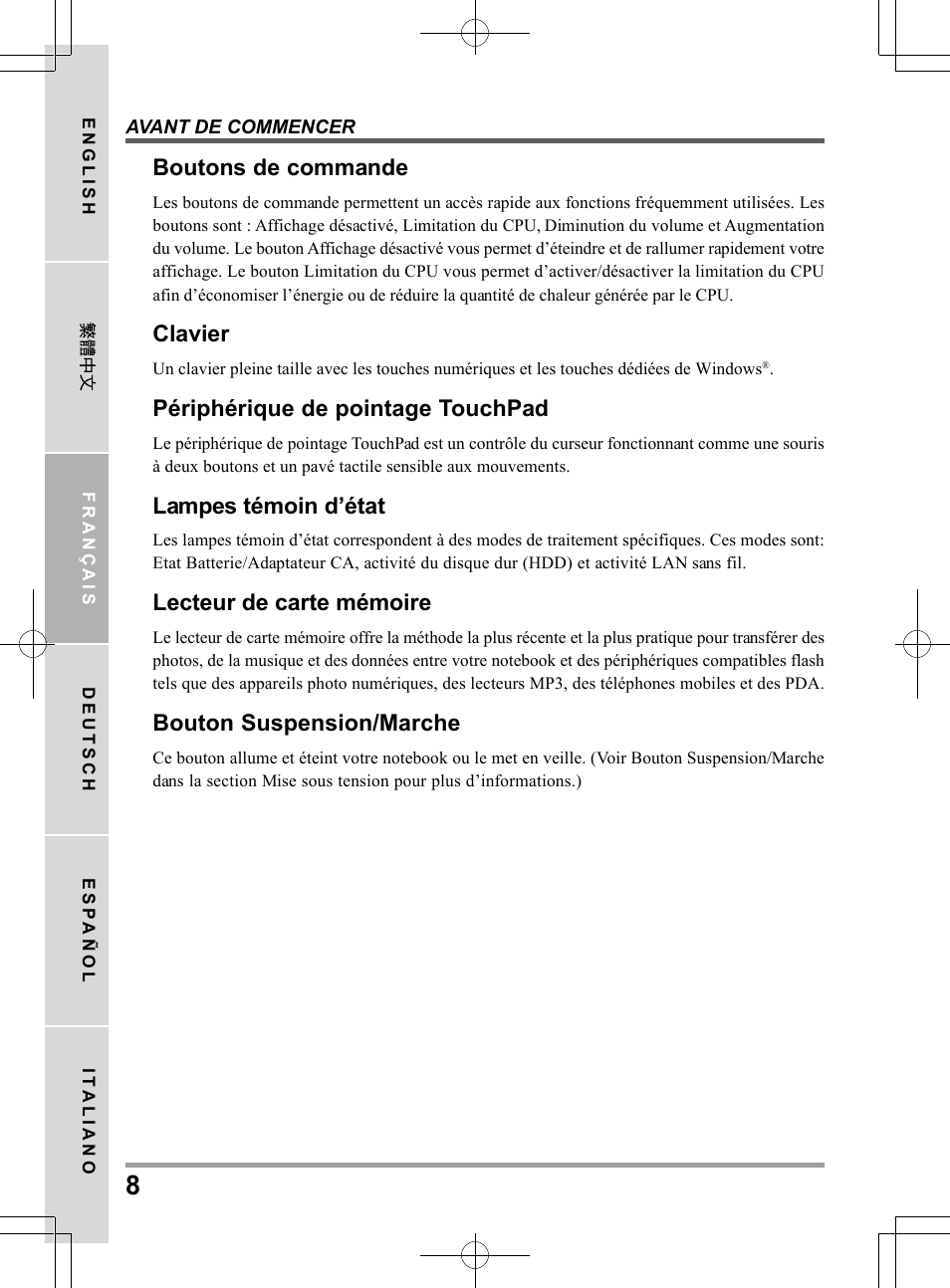 Boutons de commande, Clavier, Périphérique de pointage touchpad | Lampes témoin d’état, Lecteur de carte mémoire, Bouton suspension/marche | chiliGREEN TWJ User Manual | Page 56 / 216