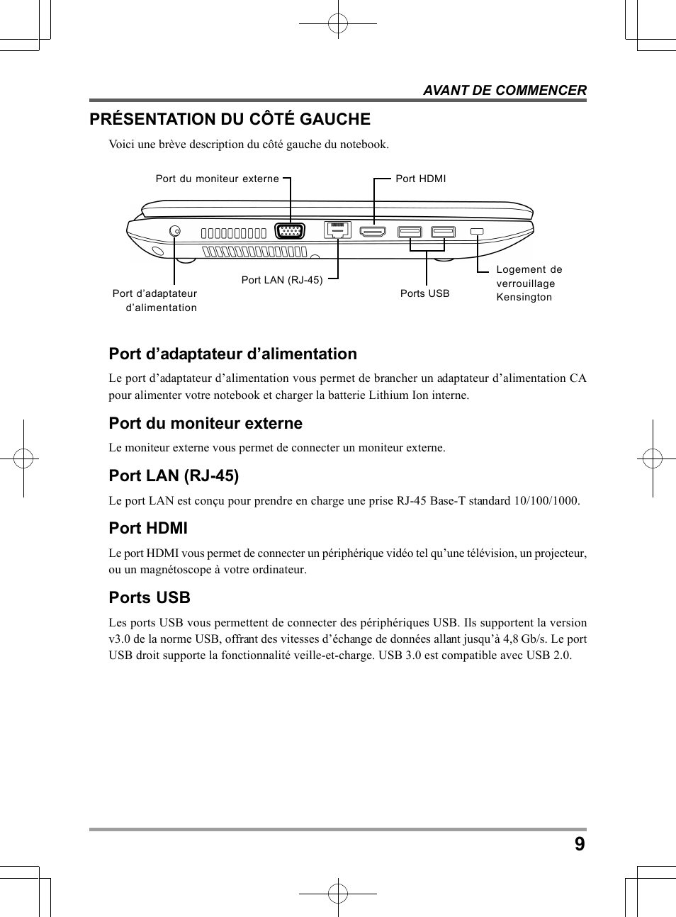 Port d’adaptateur d’alimentation, Port du moniteur externe, Port lan (rj-45) | Port hdmi, Ports usb, Présentation du côté gauche | chiliGREEN TWJ User Manual | Page 57 / 216