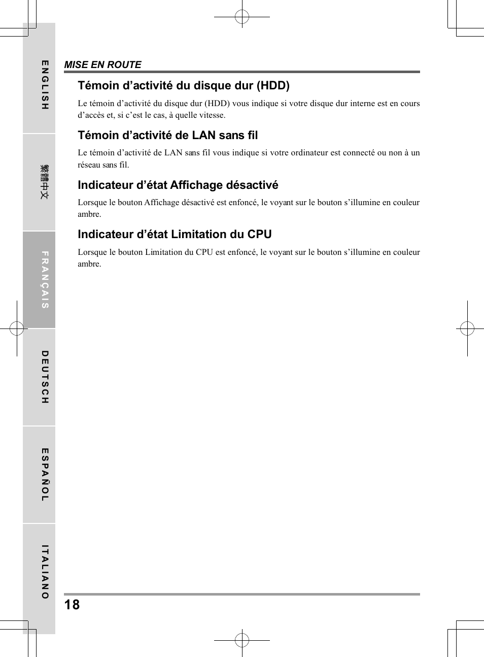 Témoin d’activité du disque dur (hdd), Témoin d’activité de lan sans fil, Indicateur d’état affichage désactivé | Indicateur d’état limitation du cpu | chiliGREEN TWJ User Manual | Page 66 / 216