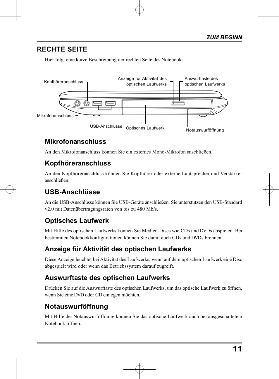 Mikrofonanschluss, Kopfhöreranschluss, Usb-anschlüsse | Optisches laufwerk, Anzeige für aktivität des optischen laufwerks, Auswurftaste des optischen laufwerks, Notauswurföffnung, Rechte seite | chiliGREEN TWJ User Manual | Page 83 / 216