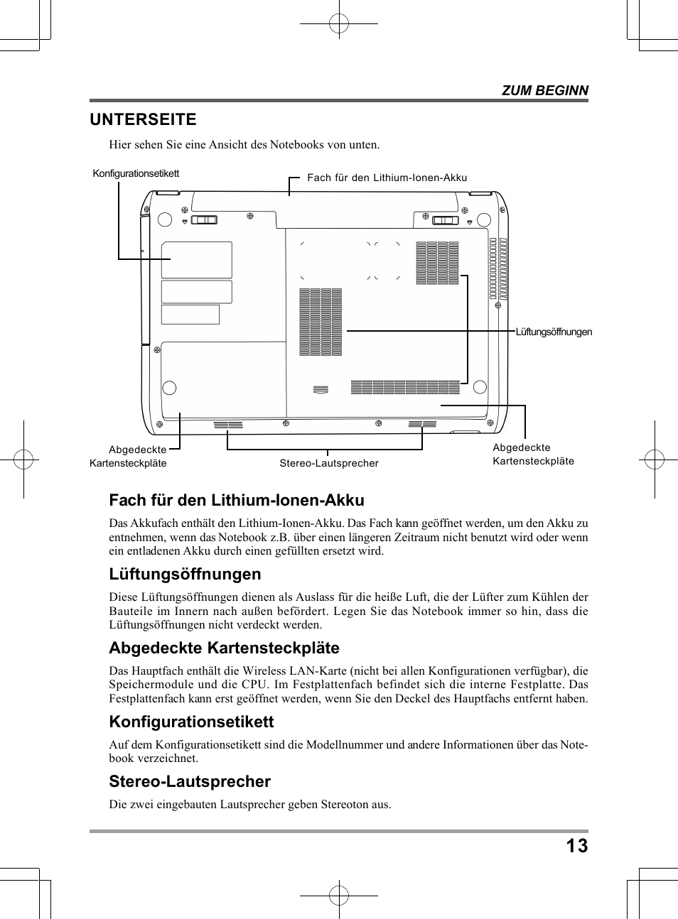 Unterseite, Fach für den lithium-ionen-akku, Lüftungsöffnungen | Abgedeckte kartensteckpläte, Konfigurationsetikett, Stereo-lautsprecher | chiliGREEN TWJ User Manual | Page 85 / 216