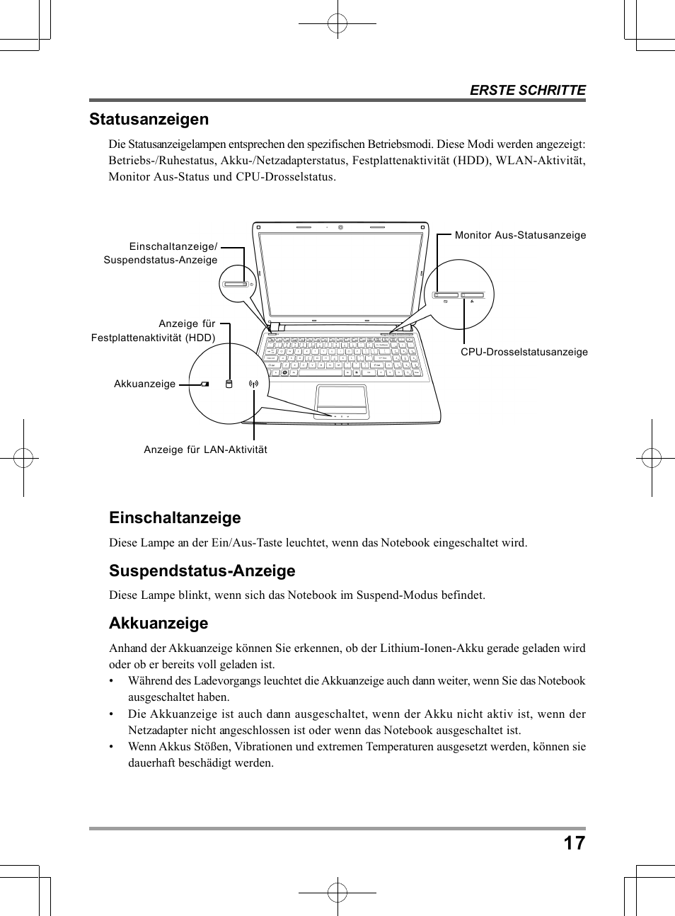 Statusanzeigen, Einschaltanzeige, Suspendstatus-anzeige | Akkuanzeige | chiliGREEN TWJ User Manual | Page 89 / 216