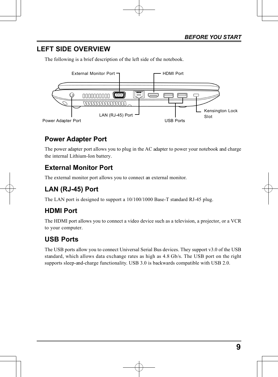 Power adapter port, External monitor port, Lan (rj-45) port | Hdmi port, Usb ports, Left side overview | chiliGREEN TWJ User Manual | Page 9 / 216