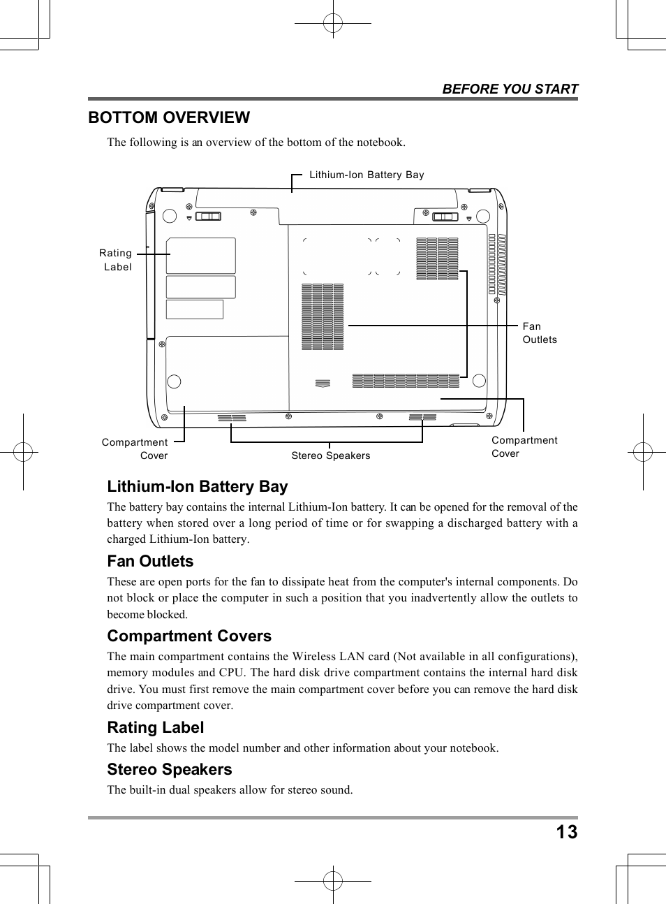 Bottom overview, Lithium-ion battery bay, Fan outlets | Compartment covers, Rating label, Stereo speakers | chiliGREEN TWH User Manual | Page 13 / 24