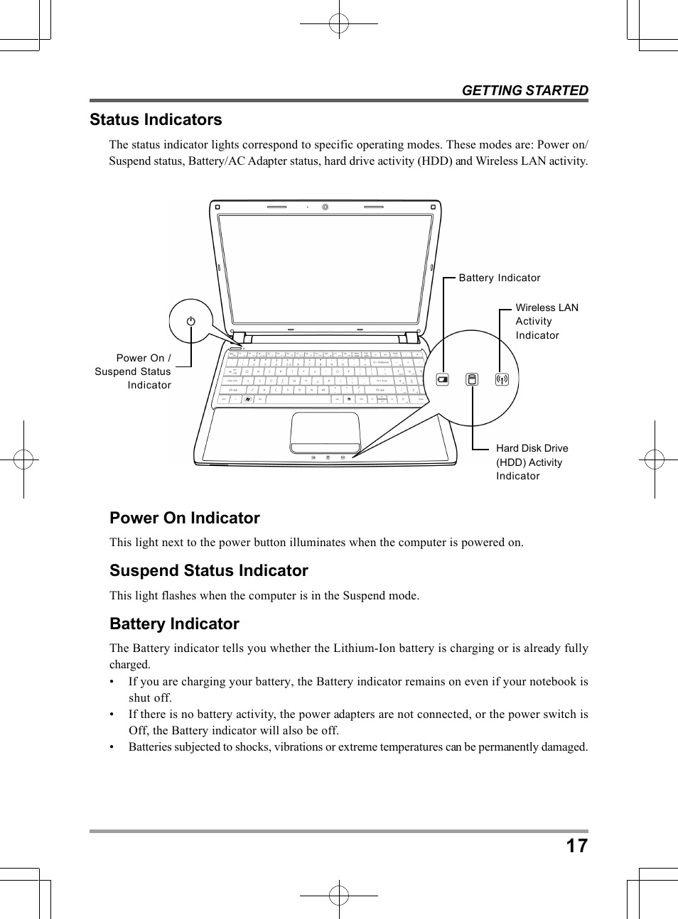 Status indicators, Power on indicator, Suspend status indicator | Battery indicator | chiliGREEN TWH User Manual | Page 17 / 24