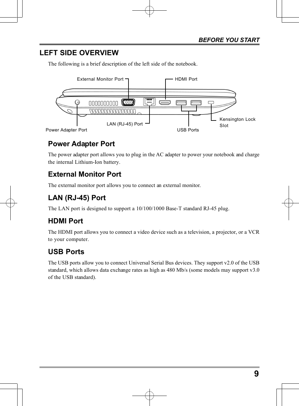 Power adapter port, External monitor port, Lan (rj-45) port | Hdmi port, Usb ports, Left side overview | chiliGREEN TWH User Manual | Page 9 / 24