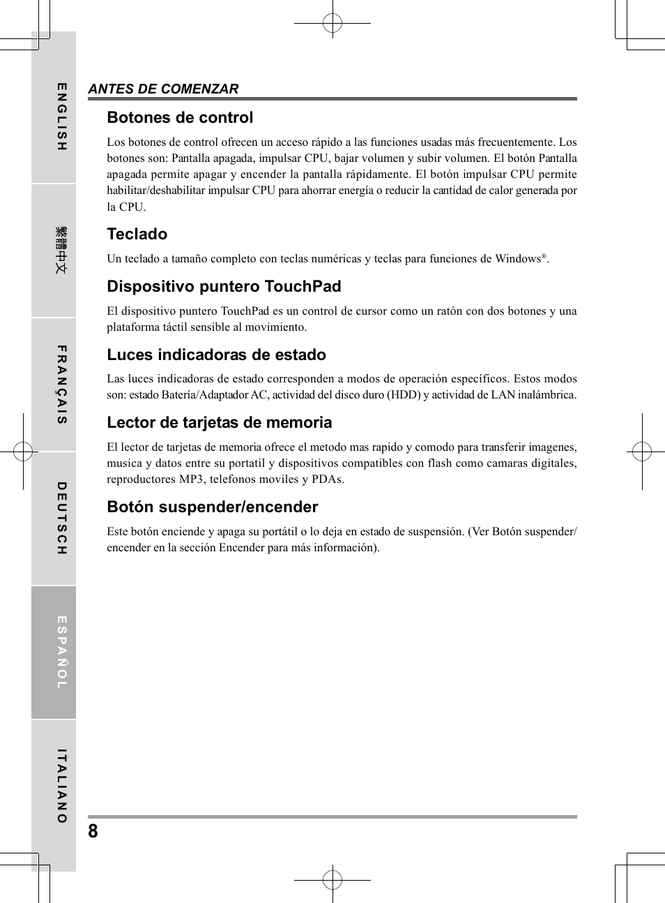 Botones de control, Teclado, Dispositivo puntero touchpad | Luces indicadoras de estado, Botón suspender/encender | chiliGREEN TWC User Manual | Page 104 / 216