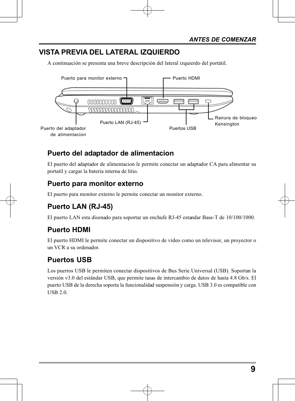 Puerto del adaptador de alimentacion, Puerto para monitor externo, Puerto lan (rj-45) | Puerto hdmi, Puertos usb, Vista previa del lateral izquierdo | chiliGREEN TWC User Manual | Page 105 / 216