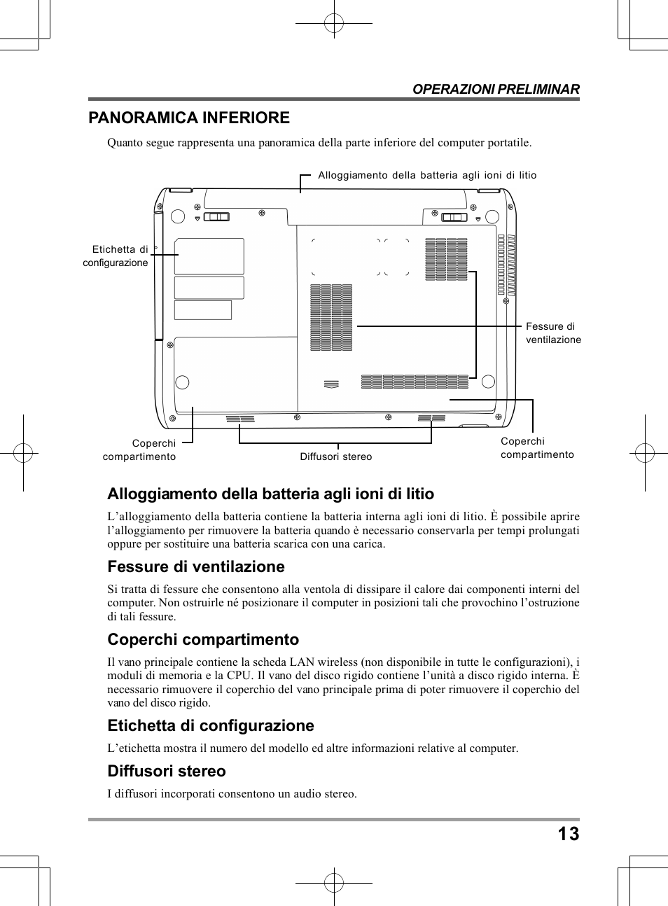 Panoramica inferiore, Alloggiamento della batteria agli ioni di litio, Fessure di ventilazione | Coperchi compartimento, Etichetta di configurazione, Diffusori stereo | chiliGREEN TWC User Manual | Page 133 / 216