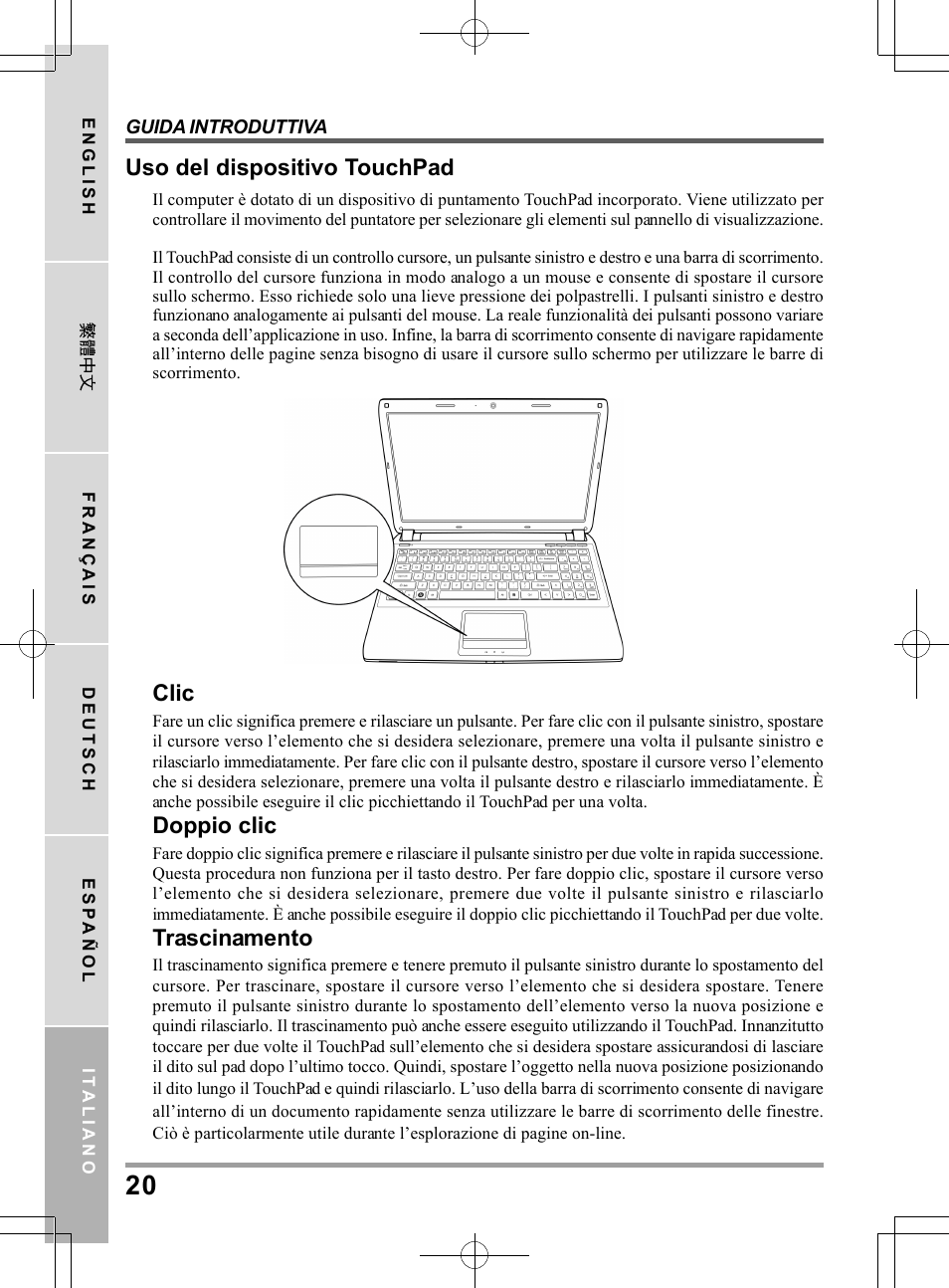 Uso del dispositivo touchpad, Clic, Doppio clic | Trascinamento | chiliGREEN TWC User Manual | Page 140 / 216