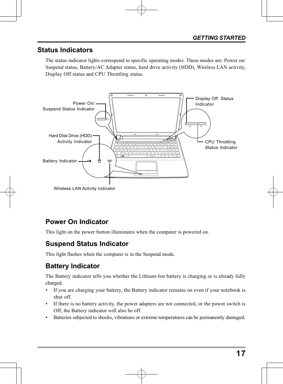 Status indicators, Power on indicator, Suspend status indicator | Battery indicator | chiliGREEN TWC User Manual | Page 17 / 216