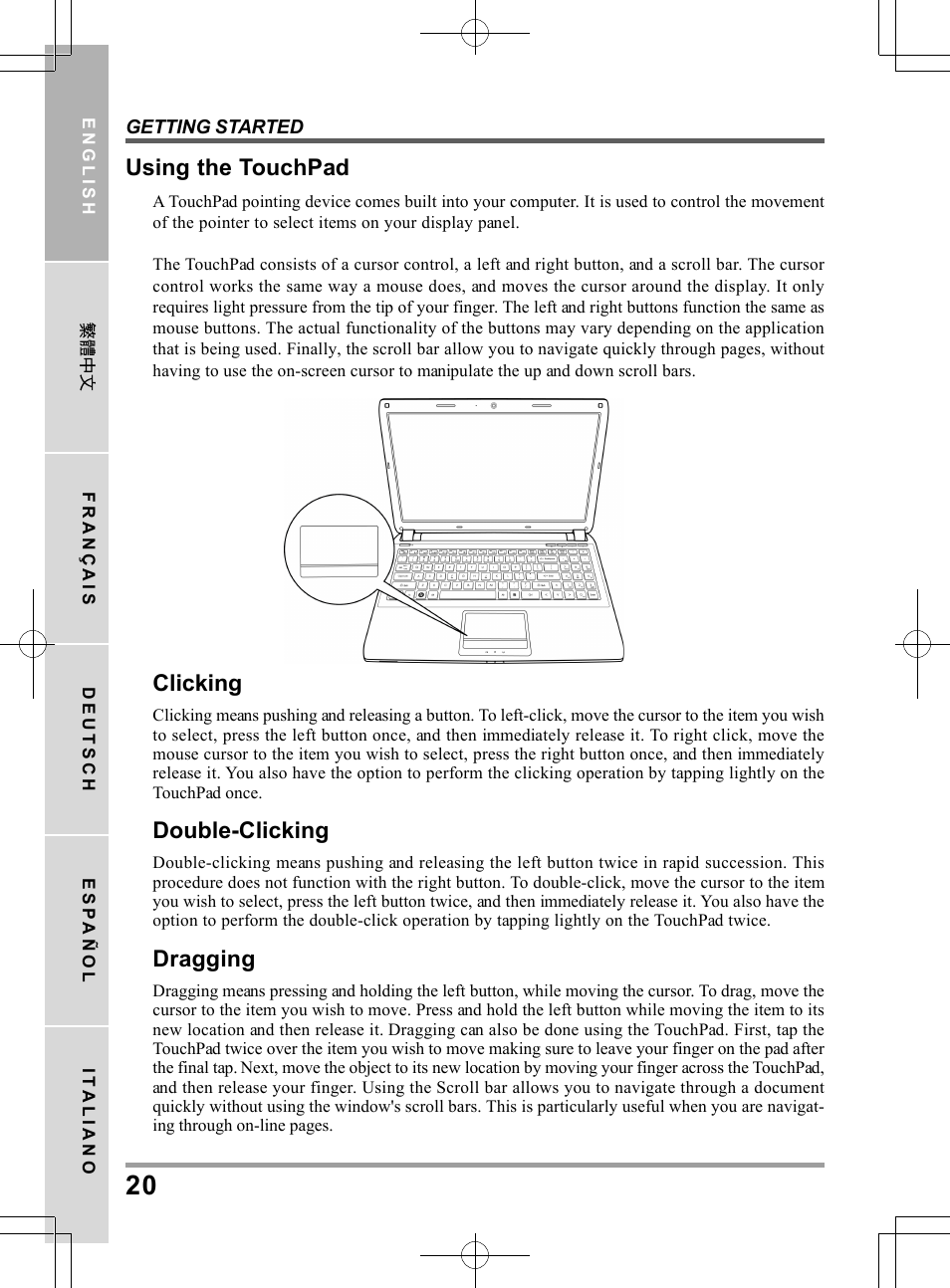 Using the touchpad, Clicking, Double-clicking | Dragging | chiliGREEN TWC User Manual | Page 20 / 216