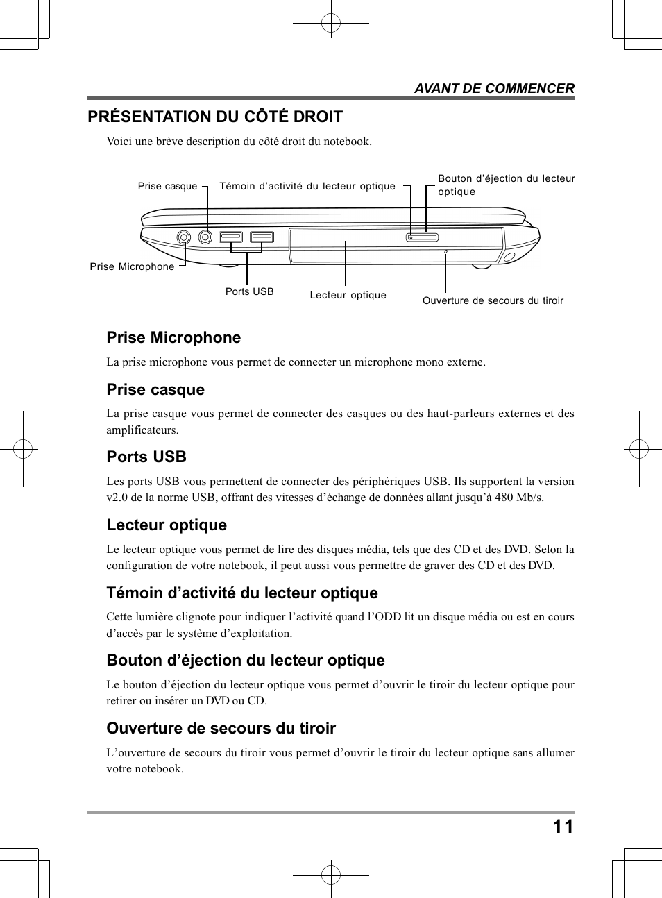 Prise microphone, Prise casque, Ports usb | Lecteur optique, Témoin d’activité du lecteur optique, Bouton d’éjection du lecteur optique, Ouverture de secours du tiroir, Présentation du côté droit | chiliGREEN TWC User Manual | Page 59 / 216