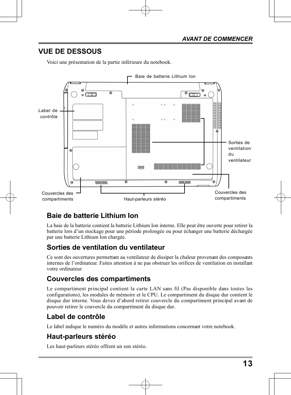 Baie de batterie lithium ion, Sorties de ventilation du ventilateur, Couvercles des compartiments | Label de contrôle, Haut-parleurs stéréo, Vue de dessous | chiliGREEN TWC User Manual | Page 61 / 216