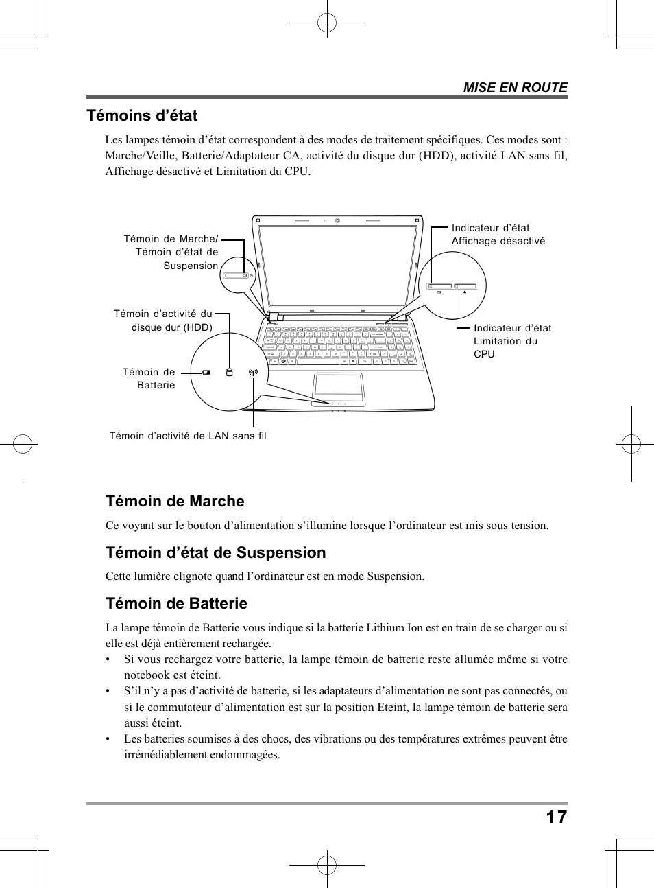 Témoins d’état, Témoin de marche, Témoin d’état de suspension | Témoin de batterie | chiliGREEN TWC User Manual | Page 65 / 216