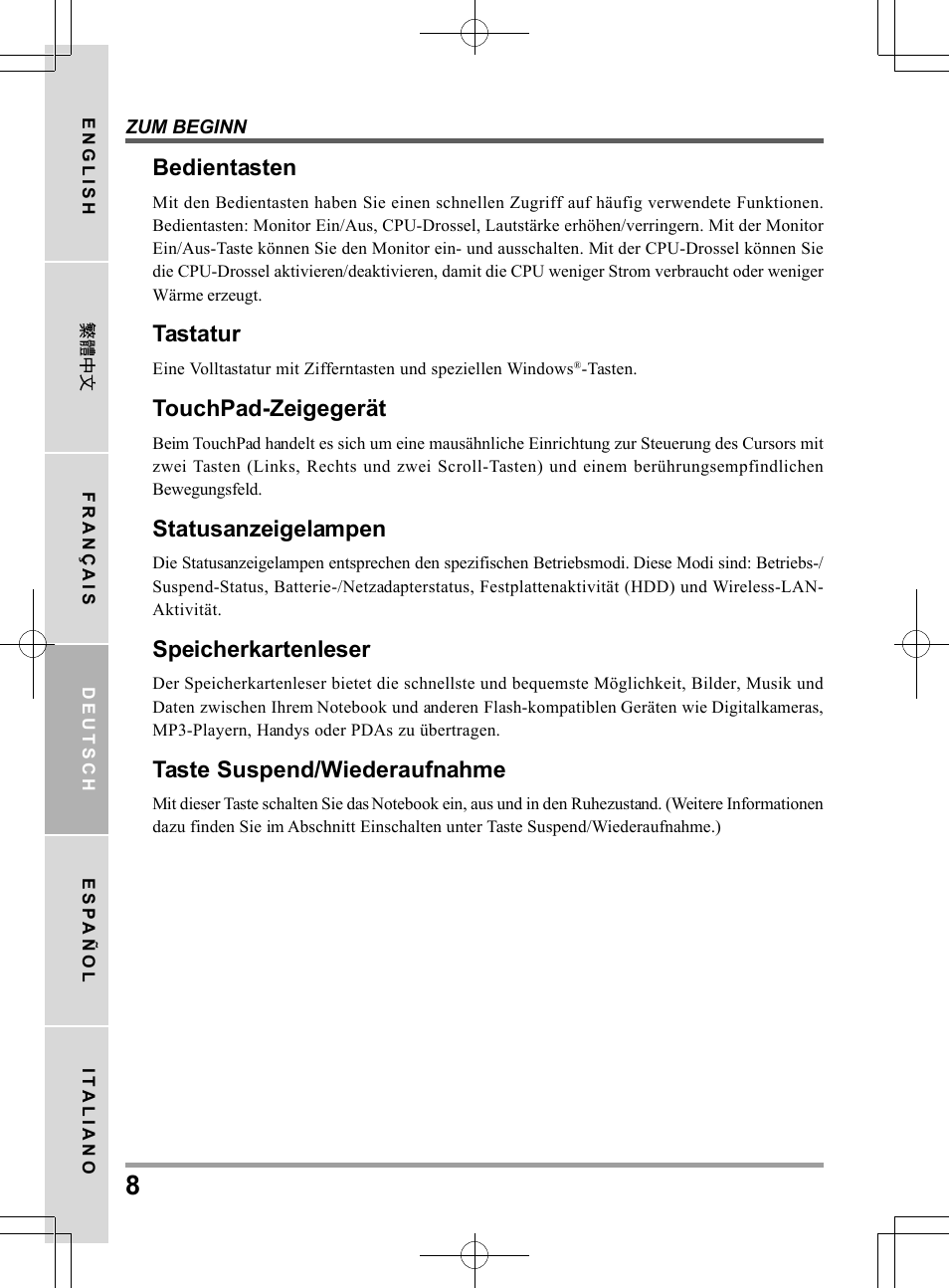 Bedientasten, Tastatur, Touchpad-zeigegerät | Statusanzeigelampen, Speicherkartenleser, Taste suspend/wiederaufnahme | chiliGREEN TWC User Manual | Page 80 / 216