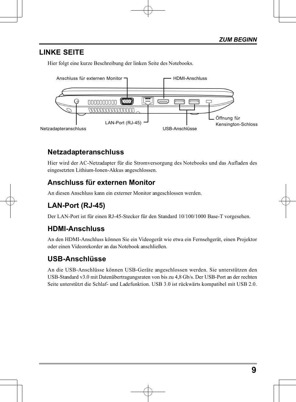 Netzadapteranschluss, Anschluss für externen monitor, Lan-port (rj-45) | Hdmi-anschluss, Usb-anschlüsse, Linke seite | chiliGREEN TWC User Manual | Page 81 / 216