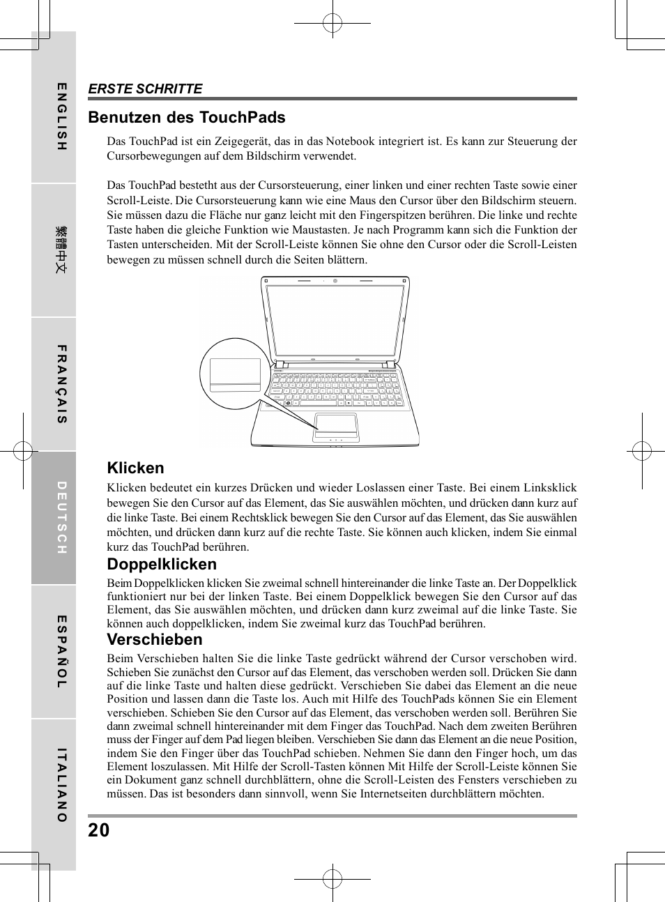 Benutzen des touchpads, Klicken, Doppelklicken | Verschieben | chiliGREEN TWC User Manual | Page 92 / 216