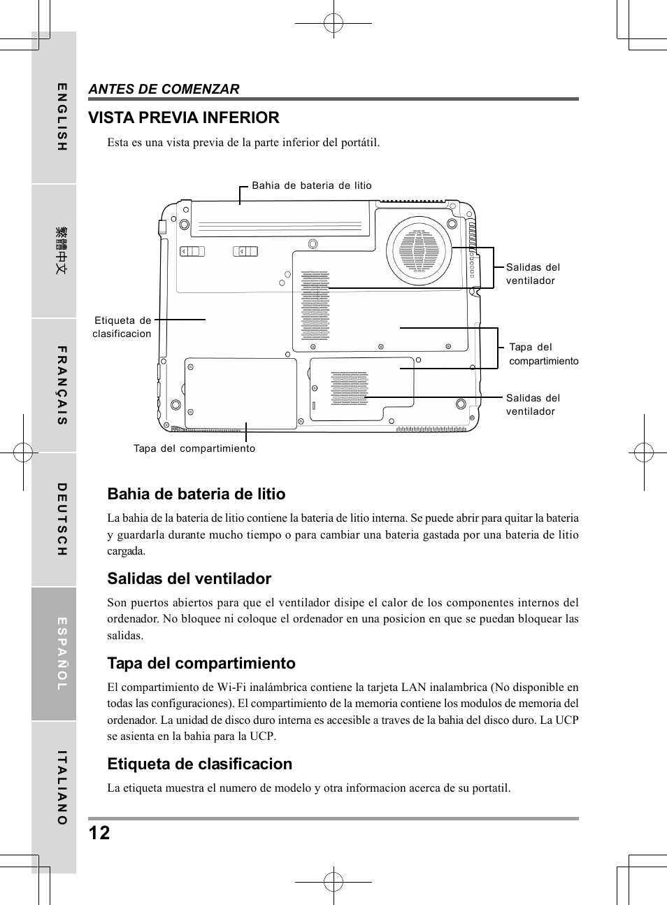 Vista previa inferior, Bahia de bateria de litio, Salidas del ventilador | Tapa del compartimiento, Etiqueta de clasificacion | chiliGREEN TW9 User Manual | Page 100 / 198