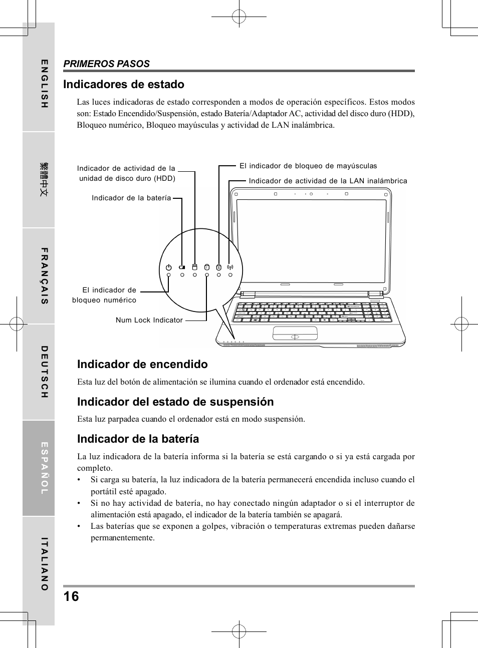 Indicadores de estado, Indicador de encendido, Indicador del estado de suspensión | Indicador de la batería | chiliGREEN TW9 User Manual | Page 104 / 198