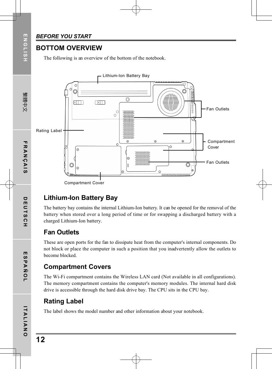 Bottom overview, Lithium-ion battery bay, Fan outlets | Compartment covers, Rating label | chiliGREEN TW9 User Manual | Page 12 / 198