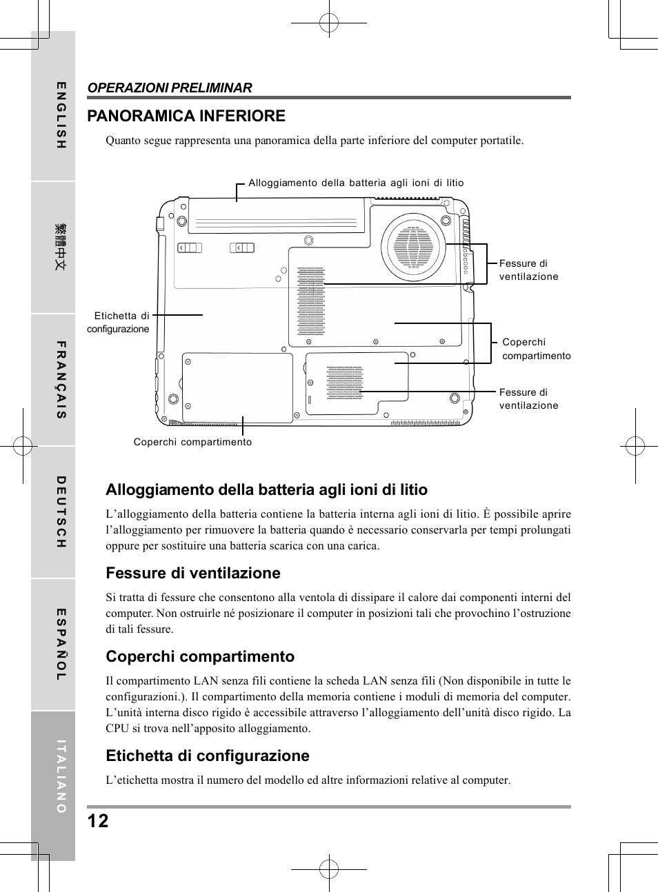 Panoramica inferiore, Alloggiamento della batteria agli ioni di litio, Fessure di ventilazione | Coperchi compartimento, Etichetta di configurazione | chiliGREEN TW9 User Manual | Page 122 / 198